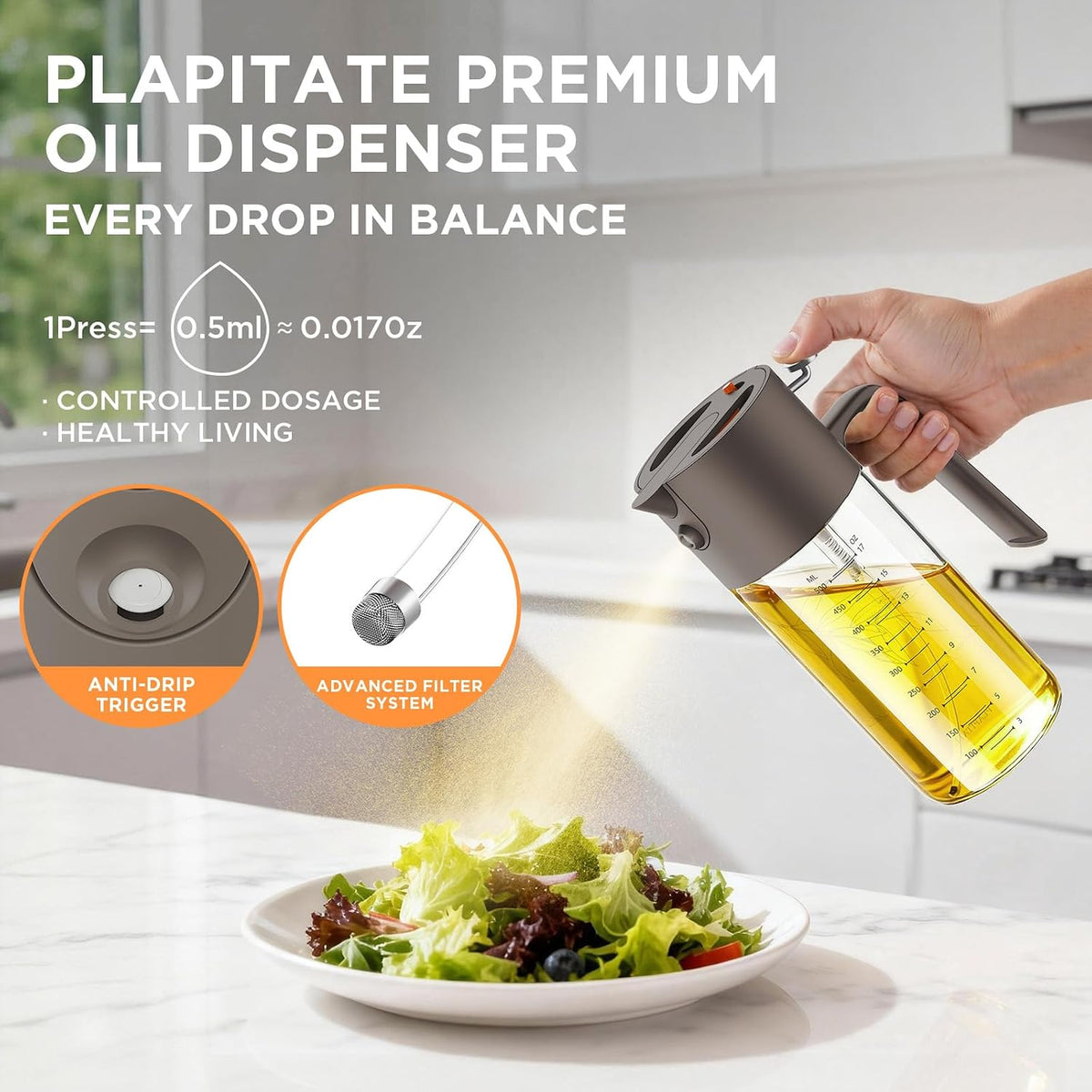 PLAPITATE 17oz/500ml Premium Olive Oil Sprayer for Cooking, 2 in 1 Glass Olive Oil Dispenser Bottle for Kitchen Gadgets, Spray Bottle with Portion Control for Salad, Frying, BBQ (Black)