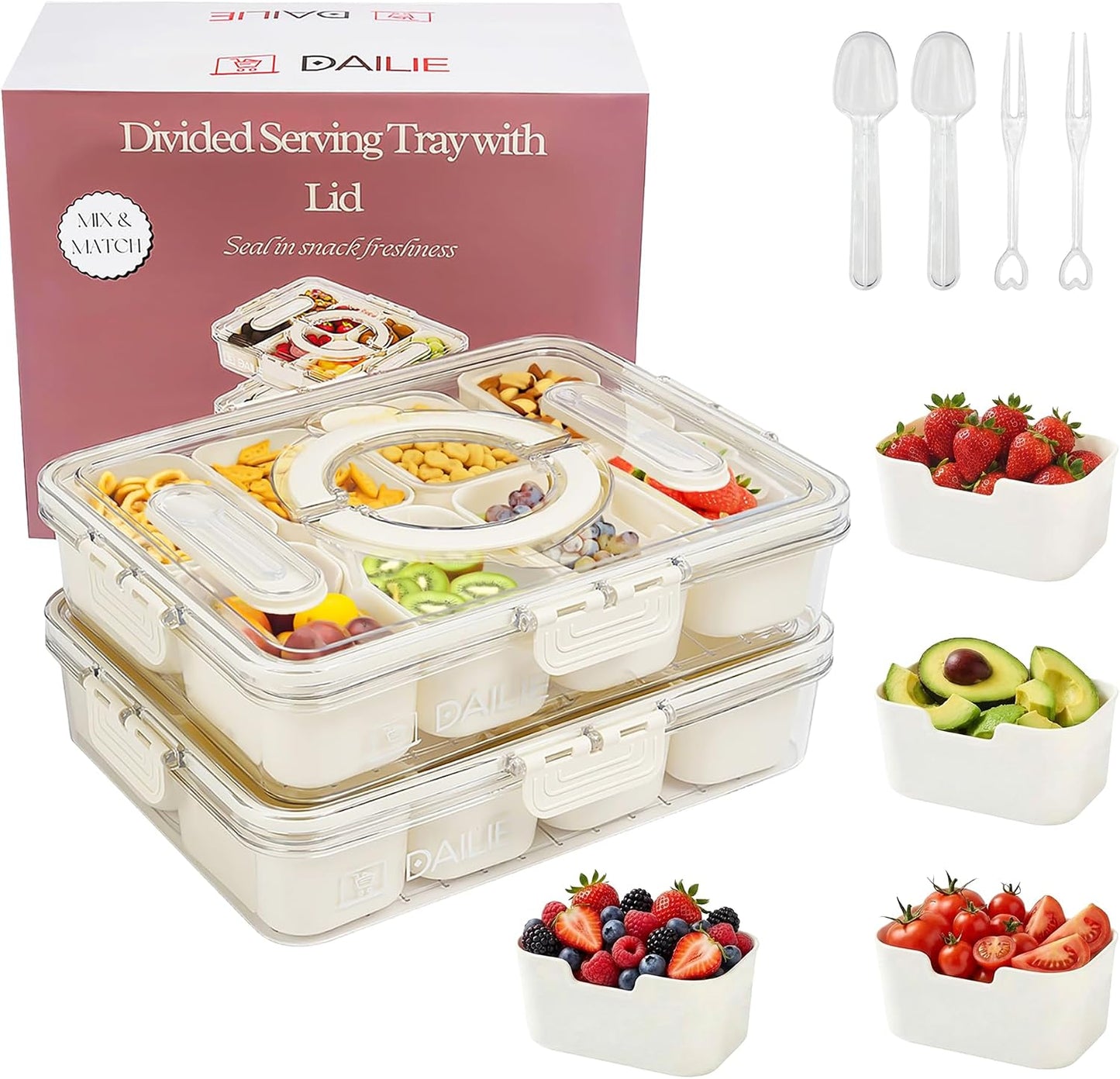 Snackle Box with Lid and Handle – Divided Snack Tray Organizer, Snack Organizer with Spoon & Fork for Travel, Charcuterie, Candy, Parties & Meal Prep