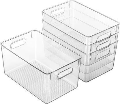 Hudgan 4 Packs Refrigerator Organizers and Storage, 4 Small Stackable Clear Plastic Bins for Pantry Organizer, Home Edit, Kitchen Cabinet, Fridge, Bathroom, Office, Drawer