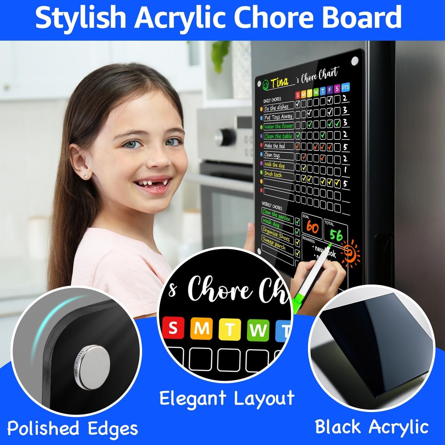 PigPotParty 2-in-1 Acrylic Magnetic Chore Chart for 2 Kids, Couples, Roommates, 15"x11" Large Dry Erase Chore Board for Fridge, Clear Weekly & Daily Reward Chart, Includes 12 Markers & Towel