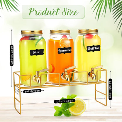 3 Pack 80 oz Glass Beverage Dispenser with Stand Clear Mason Jar Water Dispenser for Party, Fridge Includes Leakproof Stainless Steel Spigot, Black Lid and Label(Black)