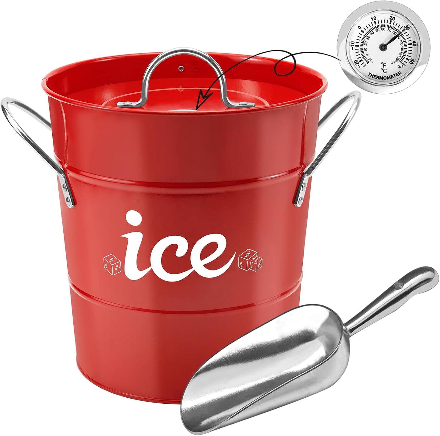Double Wall Ice Bucket with Thermometer, Metal Wine Chiller Bucket with Lid & Scoop - for Champagne, Wine, Cocktails and Parties, Large Insulated Ice Holder - Perfect for Home & Outdoor Use,Red