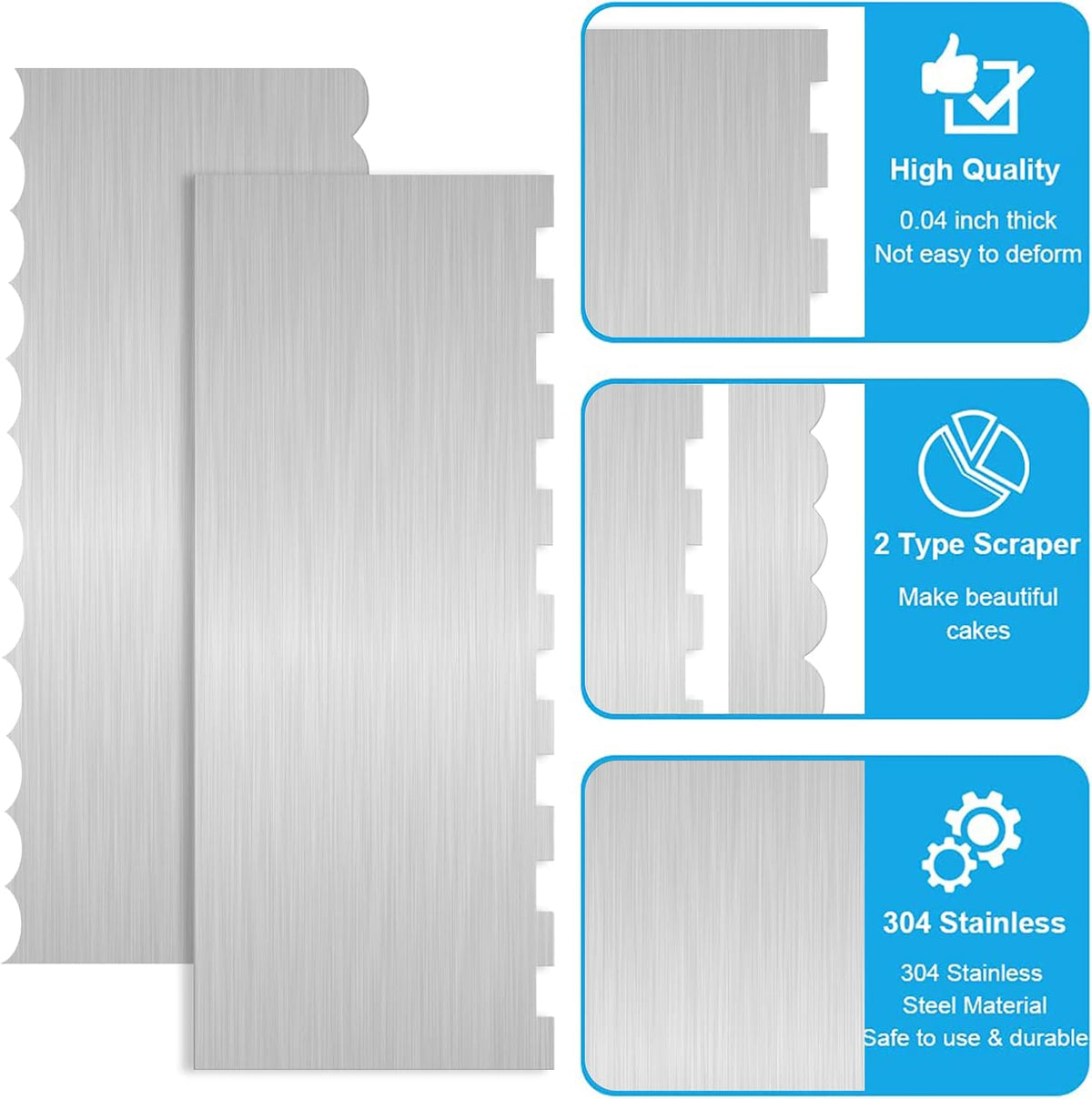 2Pcs 9 Inch Stainless Steel Cake Scrapers, Double-Sided Icing Combs
