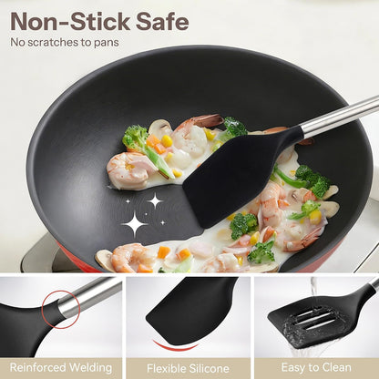 NCUE Silicone Cooking Utensils Set, 28 Pcs Kitchen Utensils Set 446°F Heat Resistant Spatula Set, Food Grade Silicone and Stainless Steel Handle Kitchen Gadgets for Nonstick Cookware BPA Free