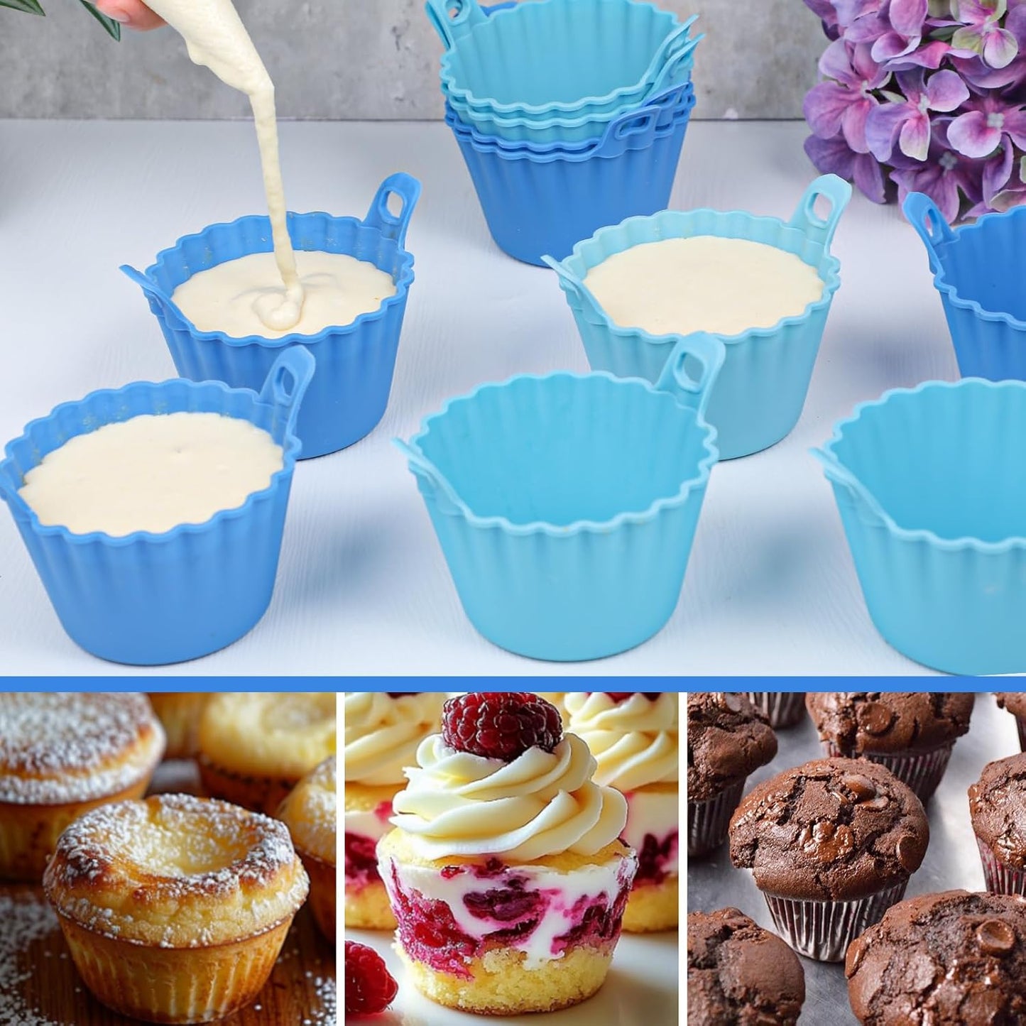 Koluti Nonstick Silicone Muffin Baking Cups Pack of 12, Reusable Cupcake Molds with Double Handle, BPA Free, Mini Round Air Fryer Cupcakes Liner, 3 Colors