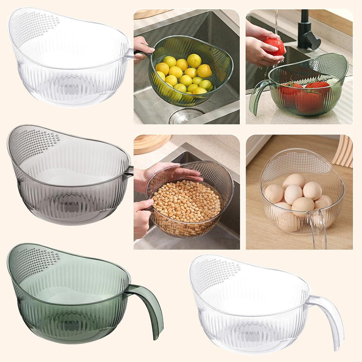 Functional Rice Washing Colander Efficient Draining Bowl Practical Sink Basket PET Suitable for Washing Rice, Clear
