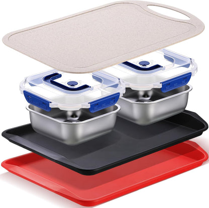 5 Pcs Grill Prep Trays Set Includes Grilling Deep Prep and Serve Trays, 2 Pcs 60oz Stainless Steel Food Container, Cutting Board for Raw Meat Marinating and Finished Cooked Food