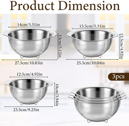 3 Pcs Stainless Steel Colander Strainer Set, Stainless Steel Strainer, Kitchen Gadget Food-Strainer Basket with Handle, Strainers and Colanders, Pasta-Strainer for Vegetable Cooking(2QT, 3QT, 5QT)