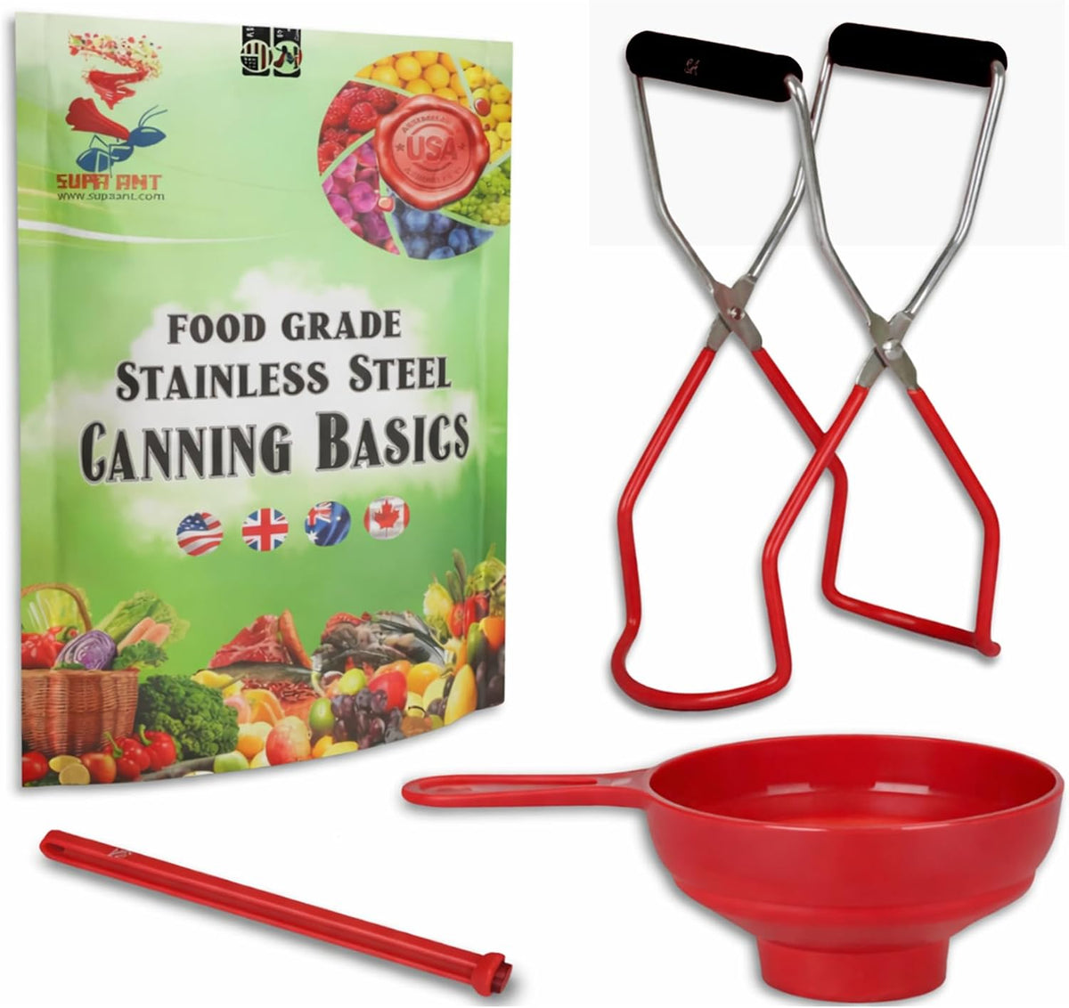 Supa Ant Canning Supplies Starter Kit (Food Grade) - Canning Kits Set for Beginners - 3 Pcs. Including Wide Mouth Jar Funnel, Magnetic Lid Lifter, Stainless Steel Jar Lifter (Assembled in USA) Green