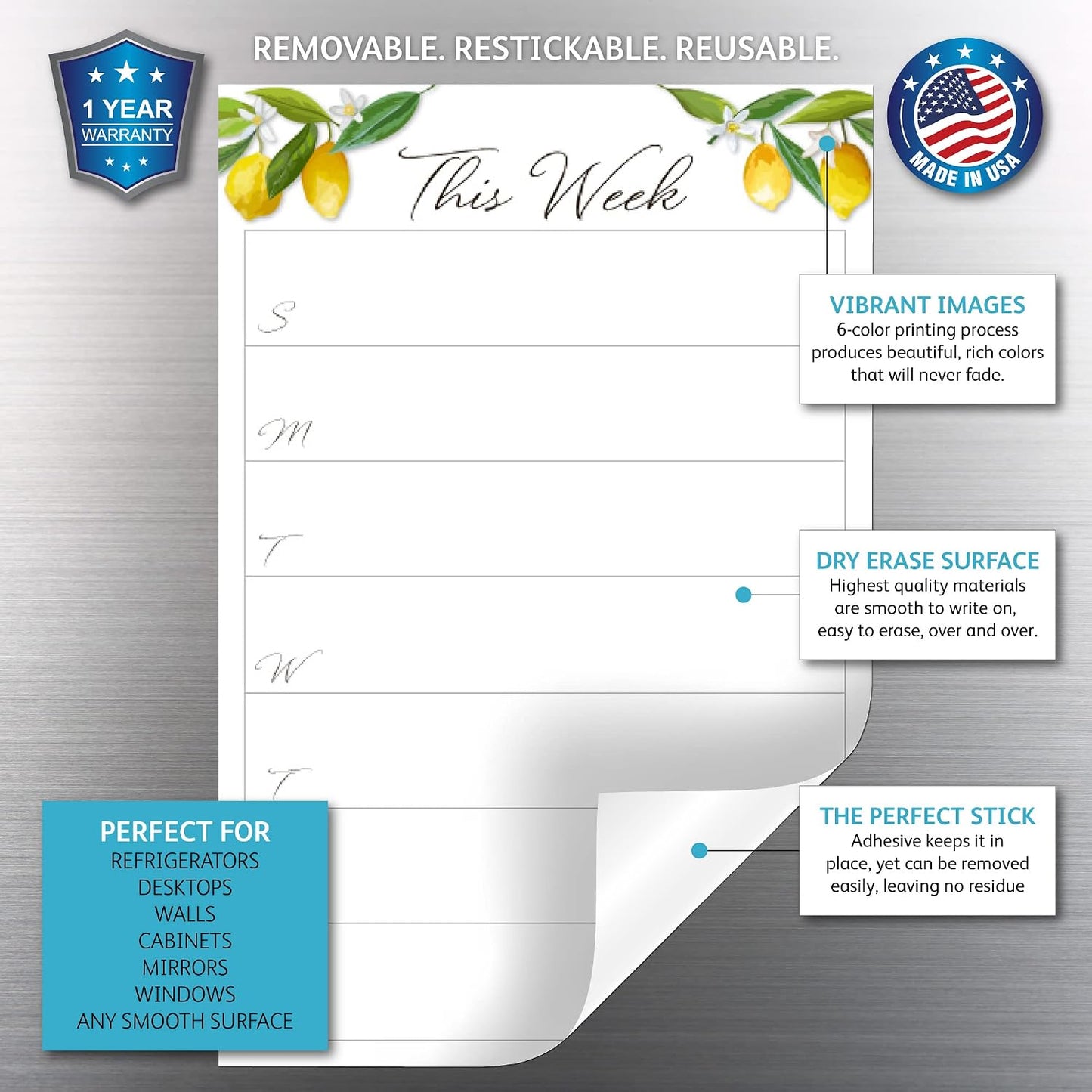 Dry Erase Weekly Calendar Planner Sticker Decal | Removable & Reusable | Magnetic Fine-Tip Marker Included (6 x 9 inches, White)