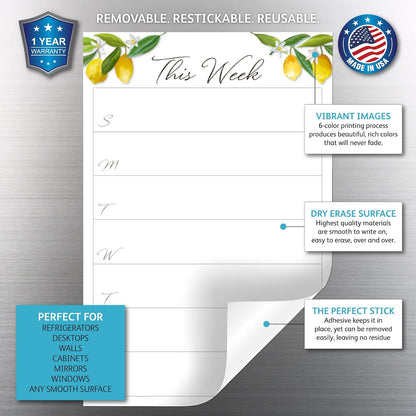 Dry Erase Weekly Calendar Planner Sticker Decal | Removable & Reusable | Magnetic Fine-Tip Marker Included (6 x 9 inches, White)