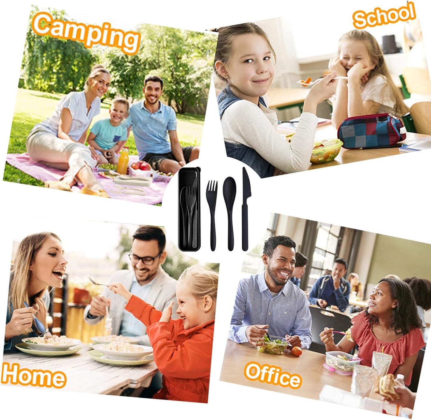 Travel Utensils with Case, 2 Sets Reusable Utensils Set with Case, Wheat Straw Utensils for Lunch Box Accessories, Camping Utensil Set for School Work Lunch or Daily Use（Black）