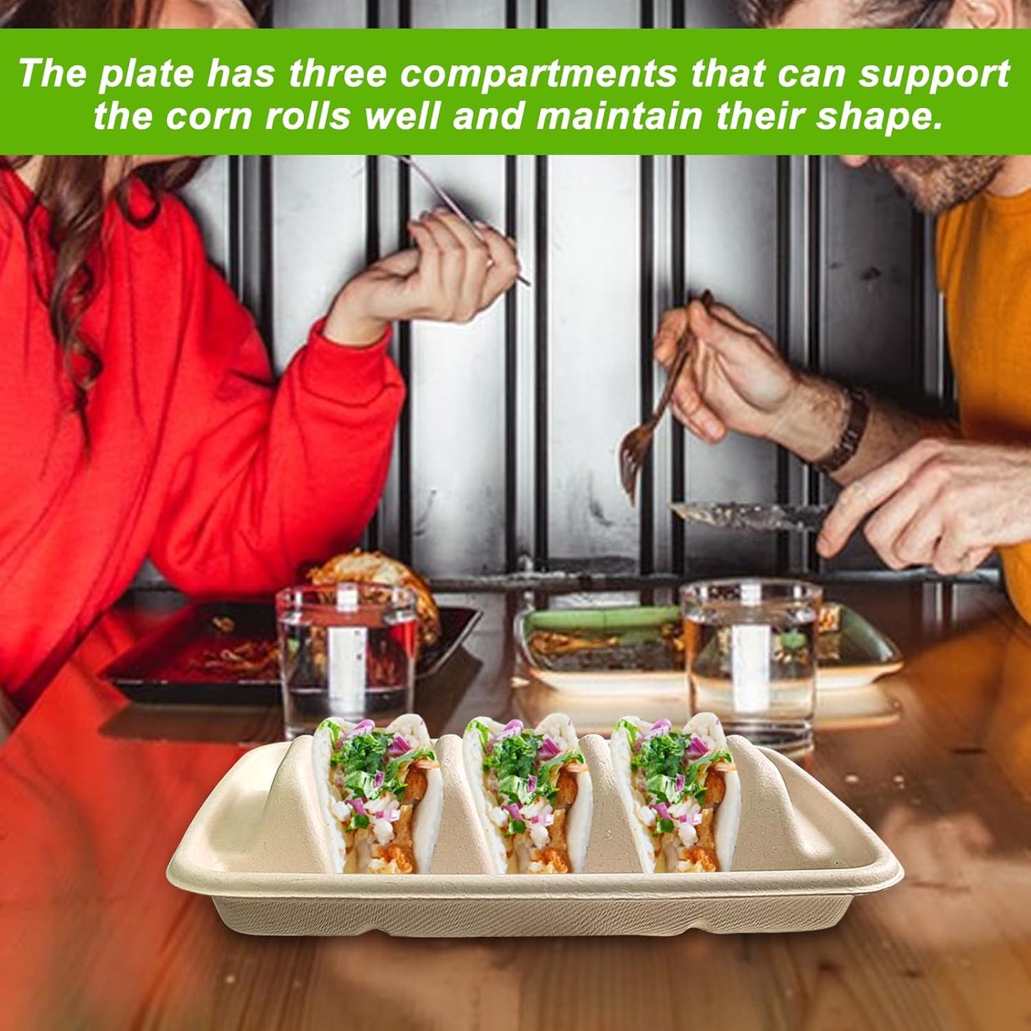 50PCS Disposable Taco Holder for Party，Disposable Taco Plates with 3 Dividers Disposable Taco Holders for Taco Tray Holder, Pulp Fiber Plates Disposable for Taco Tuesday Lazy Susan Taco Bar