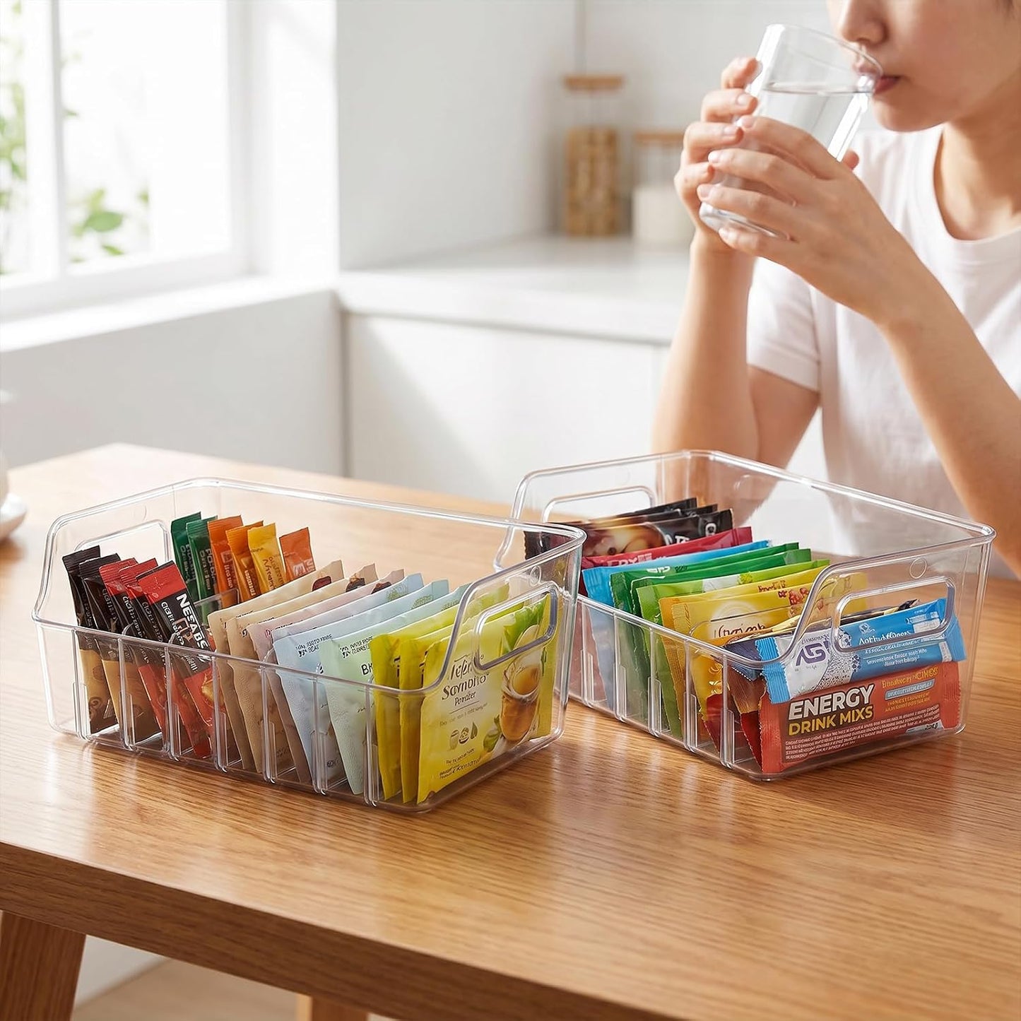 Drink Packet Organizer, 2 PCS Acrylic Water Packet Organizer for Water Flavor Drink Mix, 8 Compartment Sugar Packet Holder with Removable Divider, Pantry Storage Bin for Kitchen Organization