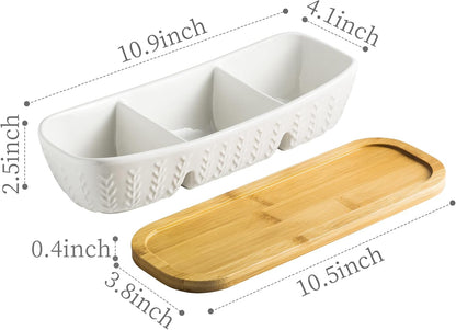 Miamolo 3 Compartment Condiment Tray, Chip and Dip Bowl with Wooden Serving Tray, Perfect for Snacks, Appetizers, Charcuterie, Chips, Candy, 10-inch Chip and Dip Serving Set for Parties
