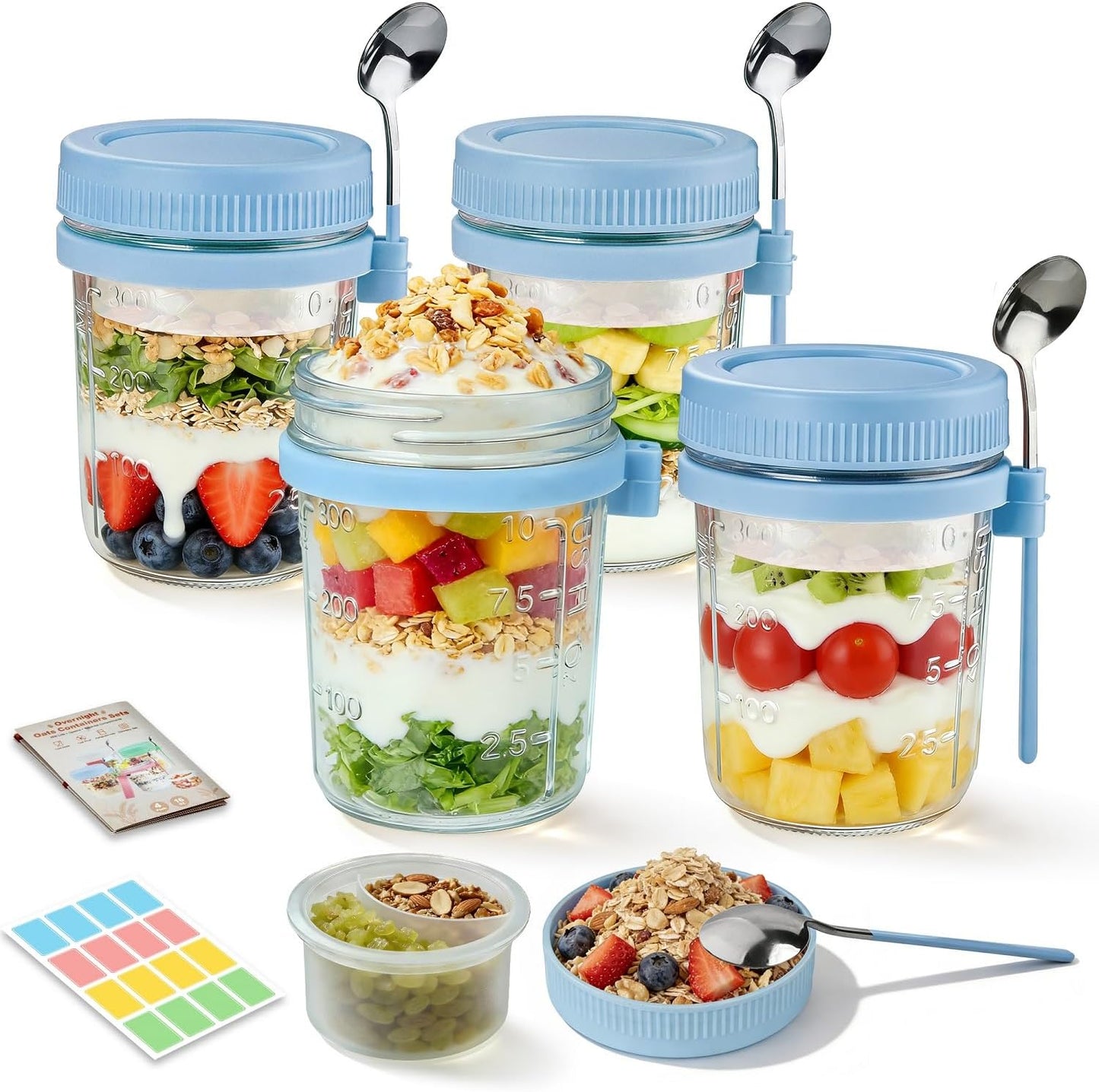 Overnight Oats Containers with Lids and Spoons - 4 Pack 16 oz Glass Mason Jars with Separate Compartments Airtight Overnight Oat Jars Leakproof Yogurt Parfait Cup for Oatmeal Chia Pudding Cereal Salad