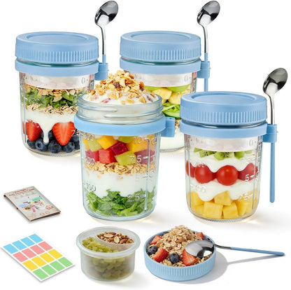 Overnight Oats Containers with Lids and Spoons - 4 Pack 16 oz Glass Mason Jars with Separate Compartments Airtight Overnight Oat Jars Leakproof Yogurt Parfait Cup for Oatmeal Chia Pudding Cereal Salad