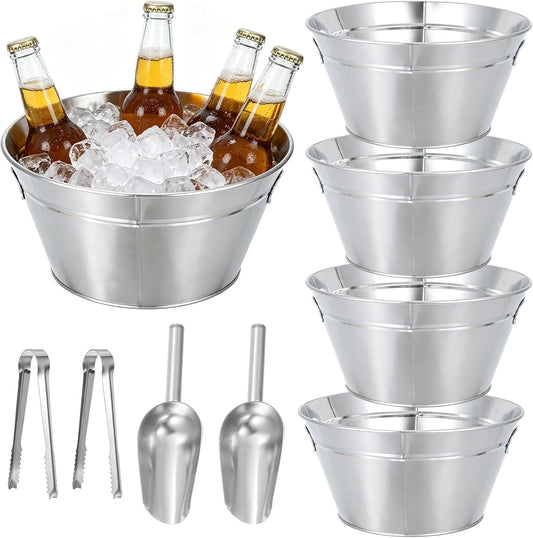 5 Pcs Large Metal Bucket Beer Bucket with Ice Shovels and Tongs Galvanized Steel Pail for Summer Pool Wedding Table Centerpiece Party Supplies (7.4 x 7.4 x 5.9 Inch,Silver)