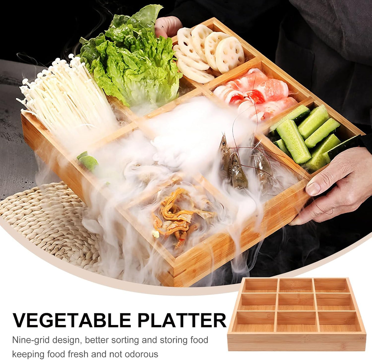 Cabilock Nine-Grid Vegetable Tray 12.99In Divided Serving Platter Practical Kitchen Organizer for Hot Pot Snacks Appetizers Party
