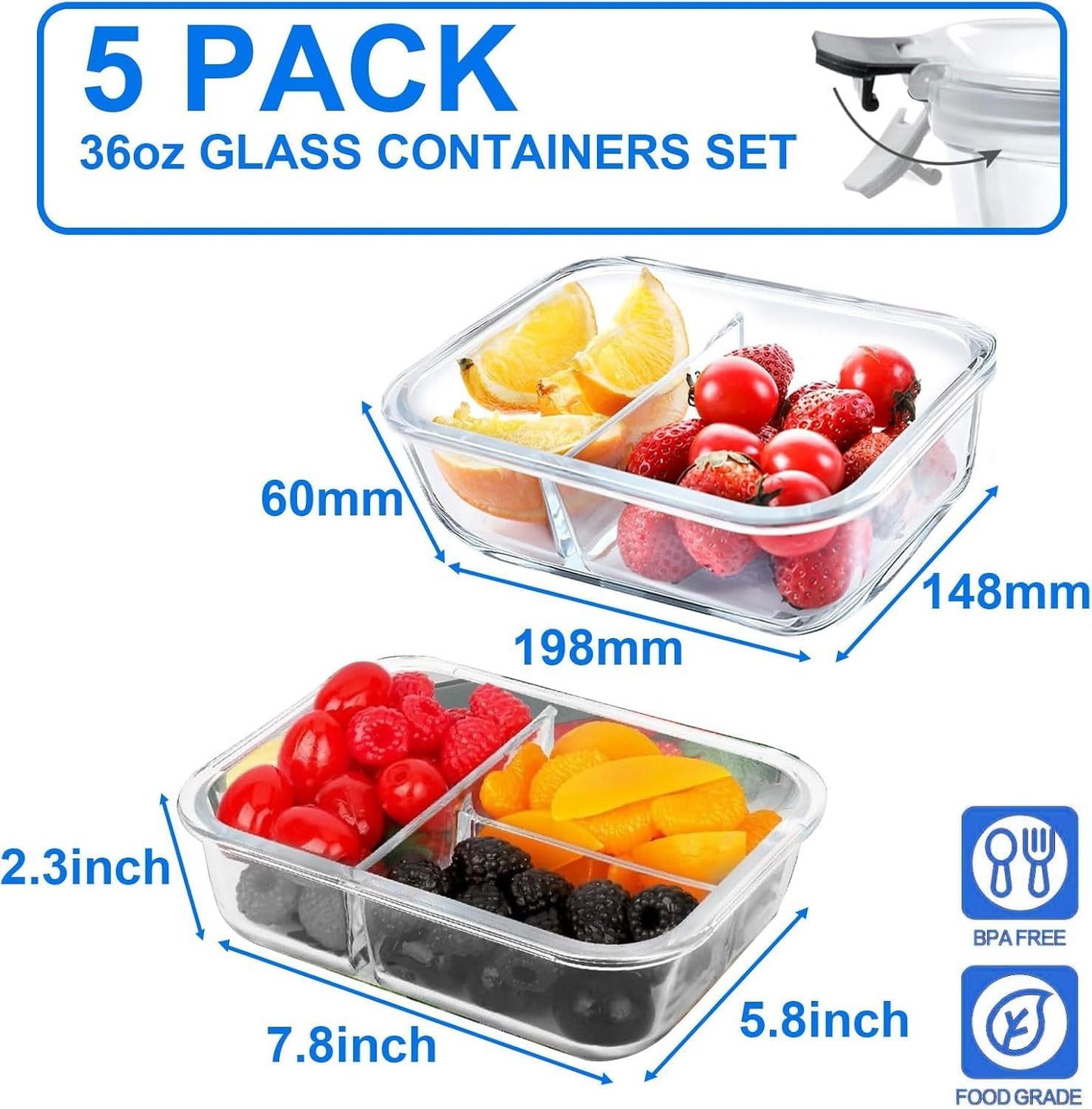 5-Pack 36 oz Glass Meal Prep Containers with Leak Proof Locking Lids, Glass Lunch Containers, Food Prep Lunch Box, Bento Box for Microwave, Oven, Freezer, Dishwasher Safe(2 Compartments)