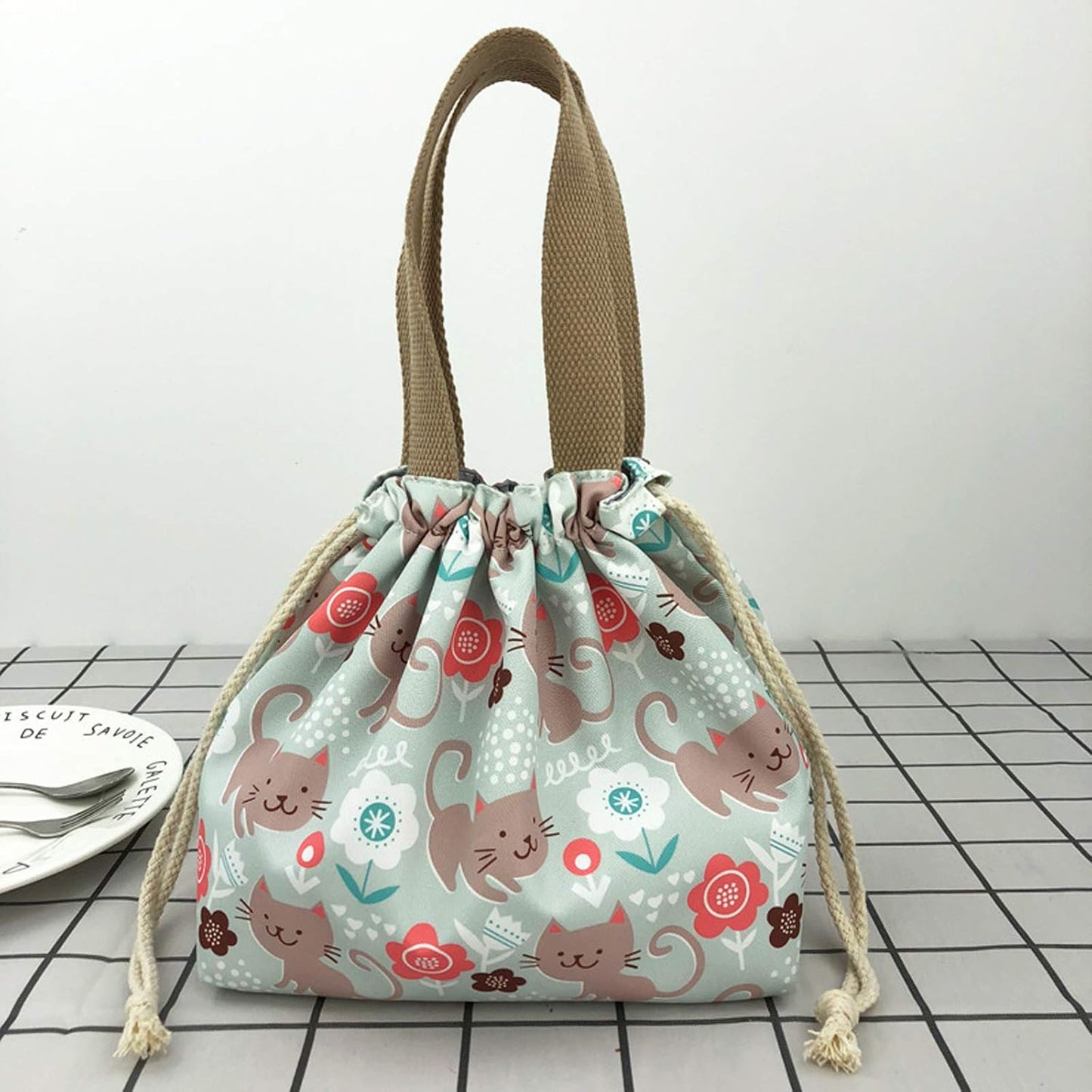 enyuwlcm Mini Lunch Tote Pouch Reusable Small Cute Lunch Bag with Drawstring Suitable for Girls Women Cat Blue