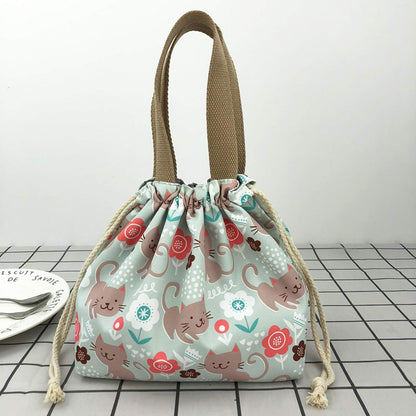 enyuwlcm Mini Lunch Tote Pouch Reusable Small Cute Lunch Bag with Drawstring Suitable for Girls Women Cat Blue