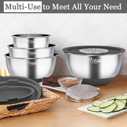 Wildone Mixing Bowls with Airtight Lids, 22 PCS Stainless Steel Nesting Bowls, with 3 Grater Attachments, Scale Marks & Non-Slip Bottom, Size 5, 4, 3, 2,1.5, 0.63QT, Ideal for Mixing & Prepping