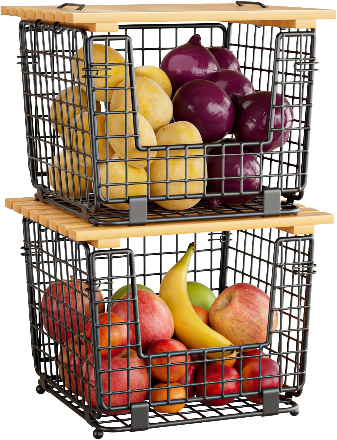 Wire Storage Basket for Kitchen Pantry: GGIU Stackable Kitchen Counter Organizers - Wire Organizing Bin for Produce Fruit Vegetable Potato and Onion Black