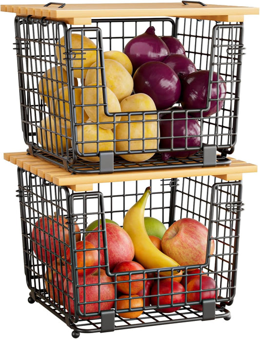 Wire Storage Basket for Kitchen Pantry: GGIU Stackable Kitchen Counter Organizers - Wire Organizing Bin for Produce Fruit Vegetable Potato and Onion Black
