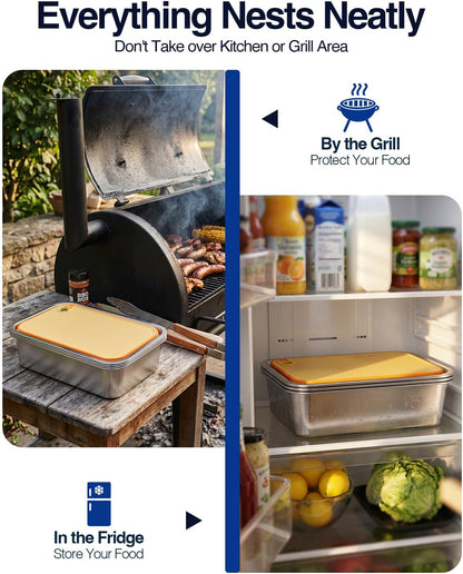 5 in 1 Grill Prep Tray and Carry System, Large Grilling Prep and Serve Trays with Lid and Cutting Board, Deep Meat Marinating Container as BBQ Grilling Gift, Home Series, L