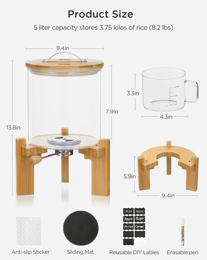 5-7 lbs Glass Rice Dispenser with Wooden Stand Flour and Cereal Container with Glass Measuring Cup & Labels & Slider mat Pantry Food Organization Storage Bin with Airtight Bamboo Lid, 3L