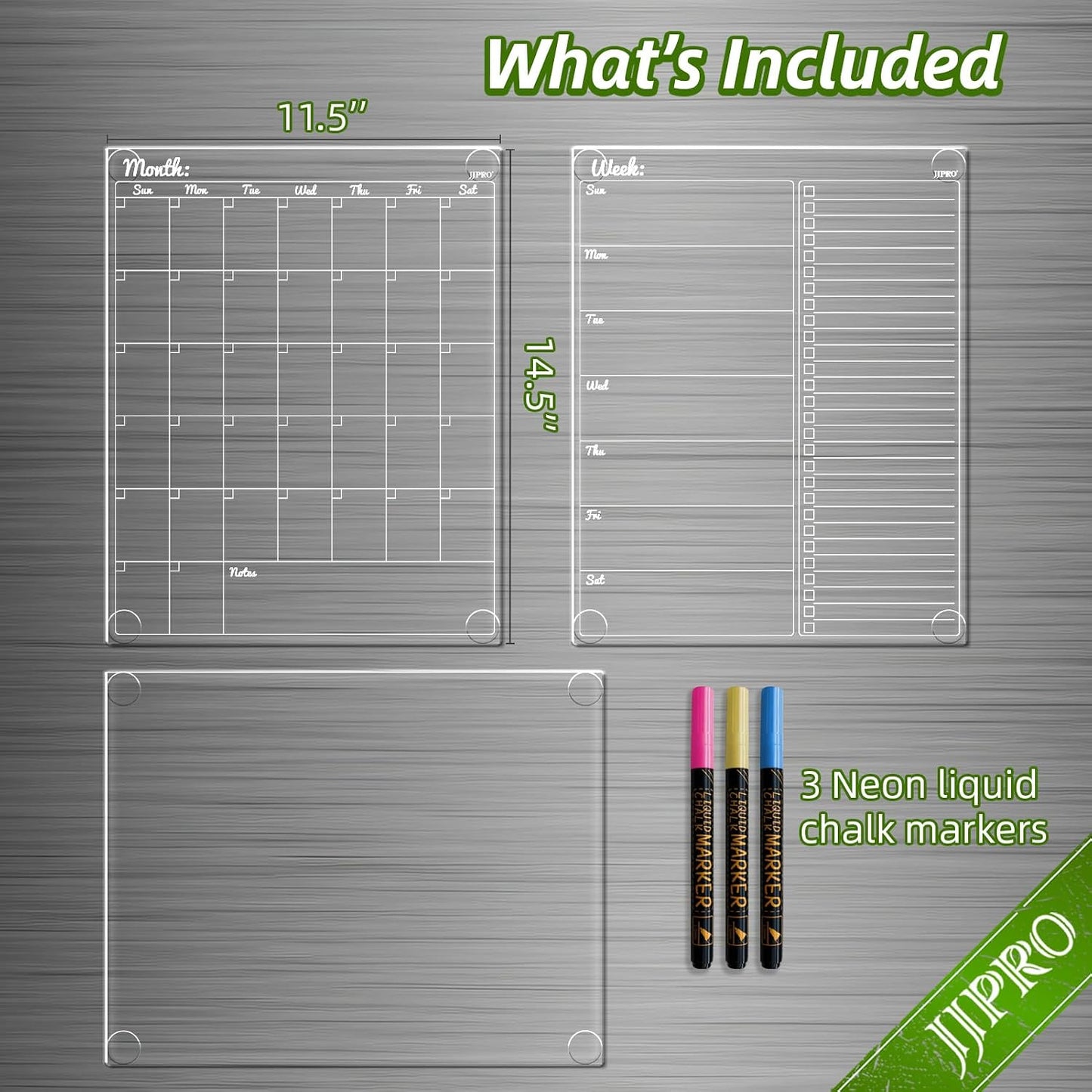 JJPRO Non Magnetic Dry Erase Calendar for Fridge-Reusable Monthly&Weekly Planning Board, List and Blank Board for All Smooth Surfaces. Clear Reusable Board Sticks to Fridge,Wall,Door&Glass
