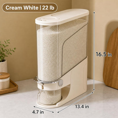 Rice Dispenser 11 Lb, Slim Rice Storage Container with Double Sealing Strip, Press to Dispense Cereal Container Airtight for Kitchen Pantry Organization, (Ivory White-11lb)