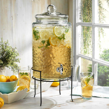 3 Gallon Glass Drink Dispenser with Metal Stand & Lid – Hammered Beverage Dispenser with Leakproof Spigot, Wide Mouth for Easy Fill – Ideal for Parties, Lemonade, Iced Tea, Sangria & More