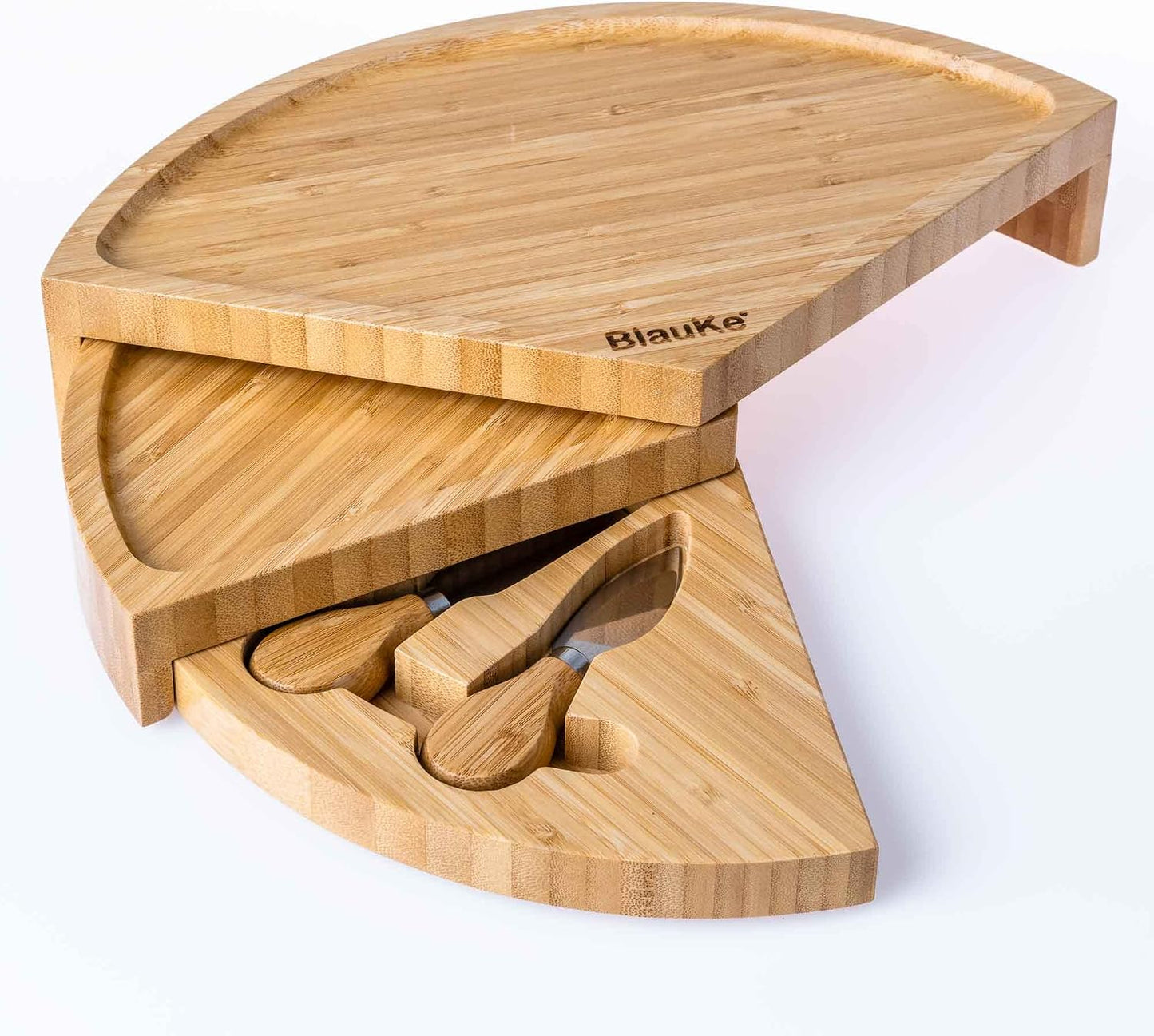Bamboo Cheese Board and Knife Set – 14 inch Round Charcuterie Board, Serving Tray, Platter, Wood Cheeseboard Set with Slide-Out Drawer – BlauKe®
