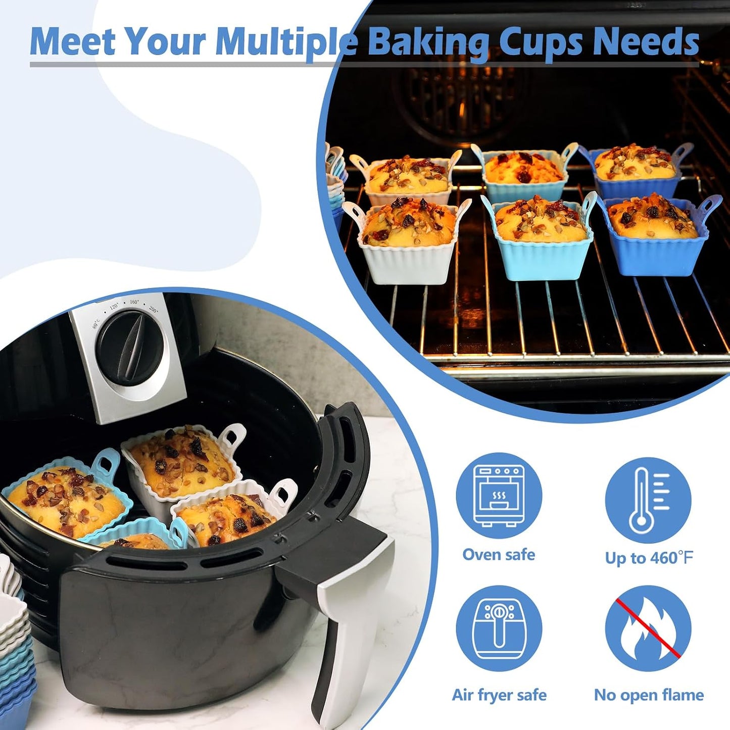Koluti Nonstick Silicone Muffin Baking Cups Pack of 12, Reusable Cupcake Molds with Double Handle, BPA Free, Mini Round Air Fryer Cupcakes Liner, 3 Colors