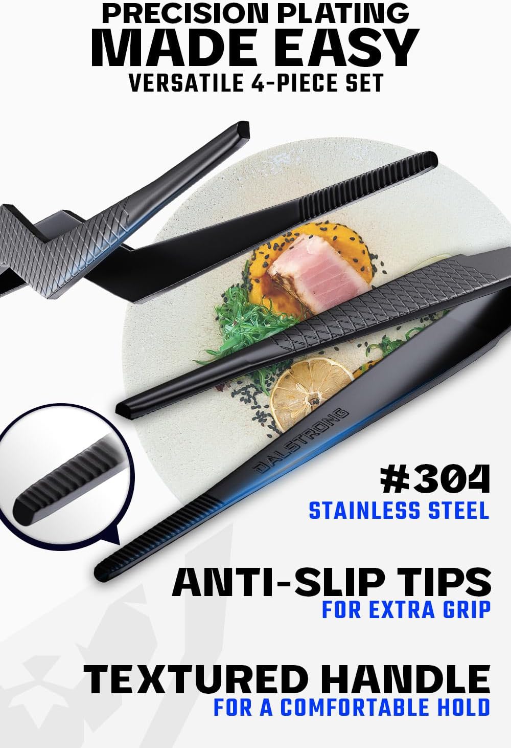 DALSTRONG Chef Tweezers Professional Kitchen Tongs- 12" high-precision Tweezer Tongs for Cooking - Stainless Steel Black w/vTitanium Coating -BBQ, Plating, Multi-use