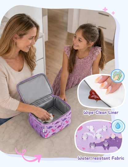VASCHY Lunch Box Bag for Kids, Insulated Double Compartments Cooler Lunch Tote for Toddlers Boys Girls School/Daycare/Picnic Black Dinos