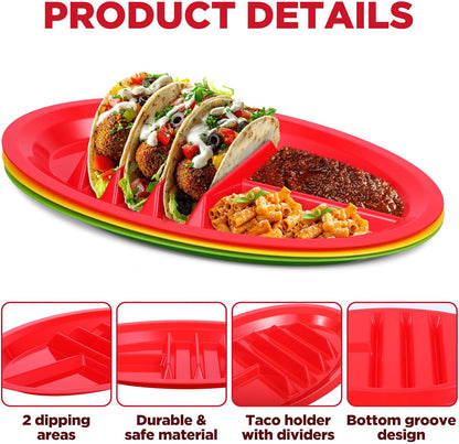 12 Pack Colorful Plastic Taco Plates – Reusable Taco Holder with Dividers for 3 Tacos & 2 Dipping Areas, BPA-Free, Dishwasher & Microwave Safe (Red, Yellow, Green)