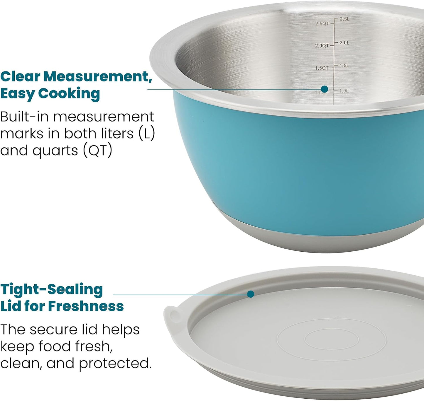 Rorence Mixing Bowls Set with Lids, 18/8 Stainless Steel Mixing Bowls with Non-Slip Silicone Base & Measurement Marks, Airtight Food Storage for Baking, Cooking & Meal Prep,1.5QT/3QT/5QT/Blue