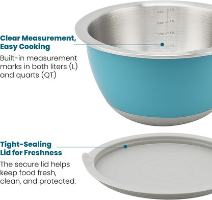 Rorence Mixing Bowls Set with Lids, 18/8 Stainless Steel Mixing Bowls with Non-Slip Silicone Base & Measurement Marks, Airtight Food Storage for Baking, Cooking & Meal Prep,1.5QT/3QT/5QT/Blue