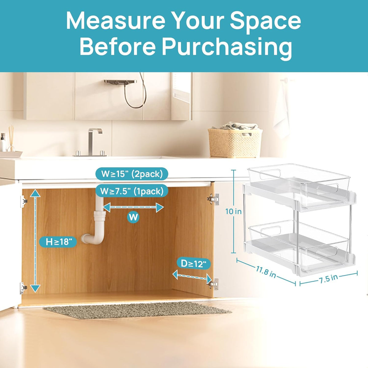 Vtopmart 4 Pack Bathroom Under Sink Organizers Organizer, 2 Tier Clear Pull-Out Organization (S-Standard)
