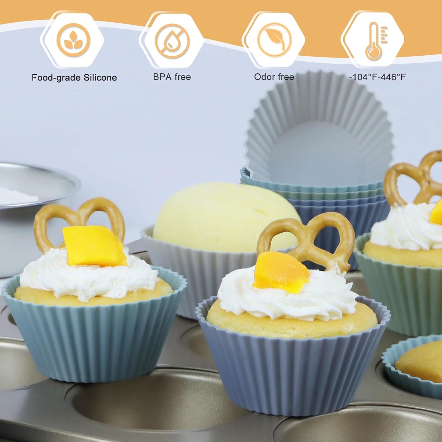 24Pack Silicone Muffin Cups, Reusable Cupcake Liners Molds for Baking, 3 Shapes Lunch Box Bento Dividers-Round, Square, and Rectangular (Orange Series, Regular Size)