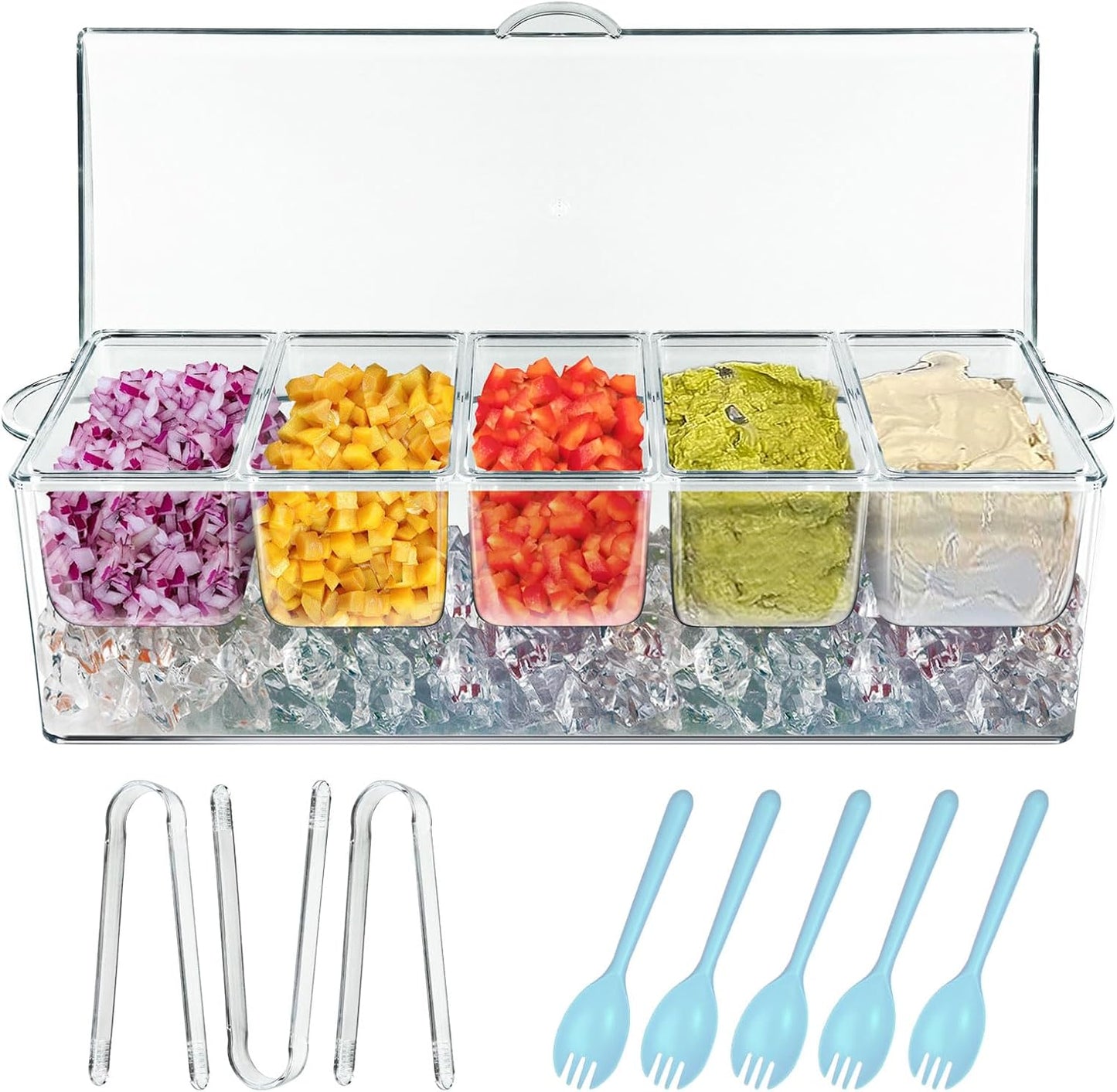 INNOVATIVE LIFE Appetizer Serving Tray on Ice, 15 Inch Party Platter with 4 Ice Cube Tray, Kitchen Chilled Food Bowl with Compartment and Lids for Shrimp, Fruits, Vegetables, Salads, Sushi, Clear