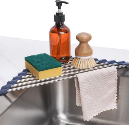 Tomorotec Foldable Stainless Steel Triangle Roll-Up Dish Drying Rack for Small Sink Corners - Over-The-Sink Multipurpose Kitchen Drainer, Rustproof Organizer, Trivet and Shelf - Space-Saving (Black)