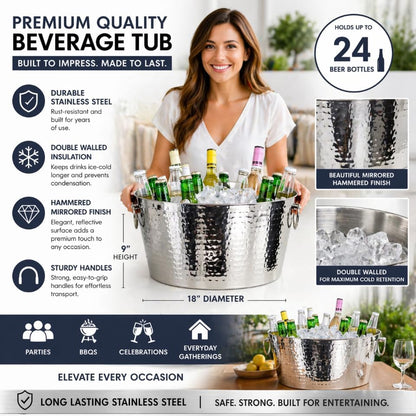 BREKX 6.25 Gallon Large Stainless Steel Bucket for Parties, Double-Walled Insulated Anchored Drink Tub & Ice Bucket with Double Hinged Handles, Silver, Extra Large