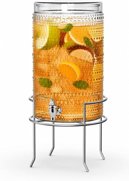 2 Gallon Glass Drink Dispenser, hobnail Drink Dispensers for Parties, Beverage Dispenser with Stand and Glass Lid, 100% Leakproof Spigot, Ideal for Lemonade, Juice, Laundry Detergent Dispenser