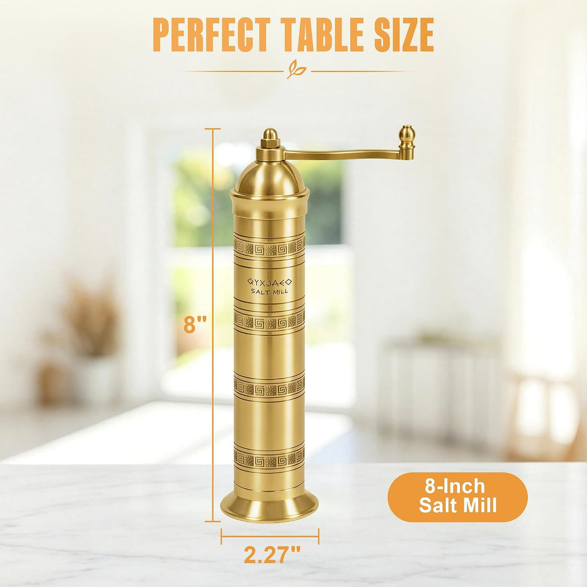 Brass Salt Grinder, 8 Inch Gold Manual Salt Mill with Ceramic Core