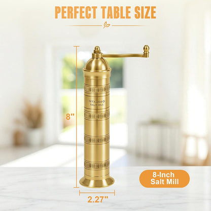 Brass Salt Grinder, 8 Inch Gold Manual Salt Mill with Ceramic Core