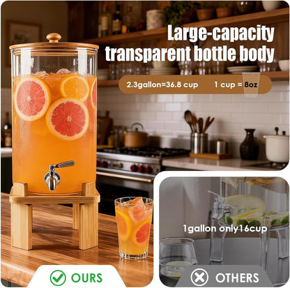 2.3 Gallon Large Glass Drink Dispenser for Parties, Glass Beverage Dispenser with Wood Stand, Juice & Lemonade Dispenser, Iced Beverage Dispenser with Spigot, Water Dispenser for Party with lid